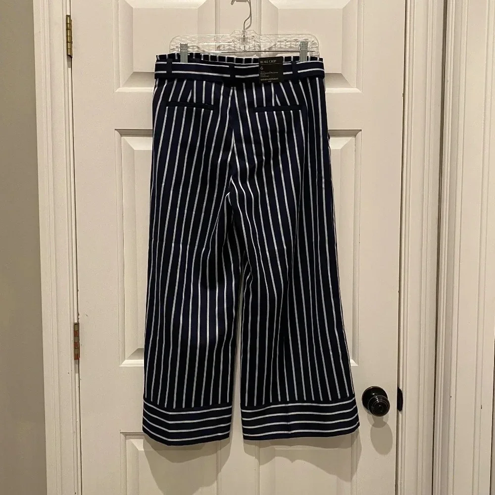New! Banana Republic Blake Crop wide leg pants Navy stripe Linen 16295